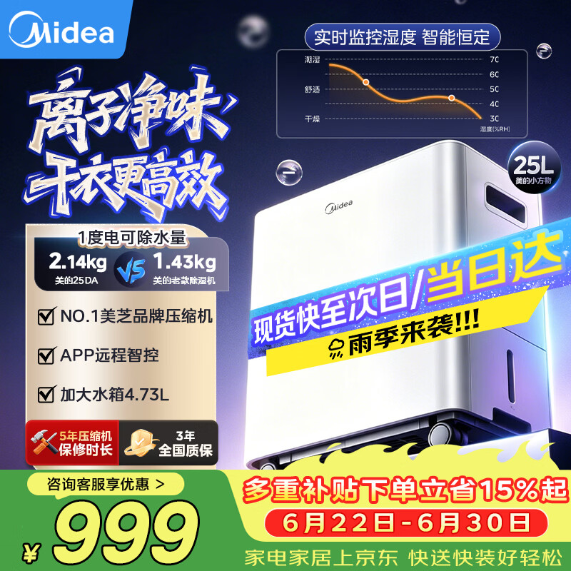 美的(Midea)除湿机/抽湿机 25L/天 美芝压缩机正负离子净味APP智控家用干衣防潮适用45㎡客厅卧室小方物除湿器