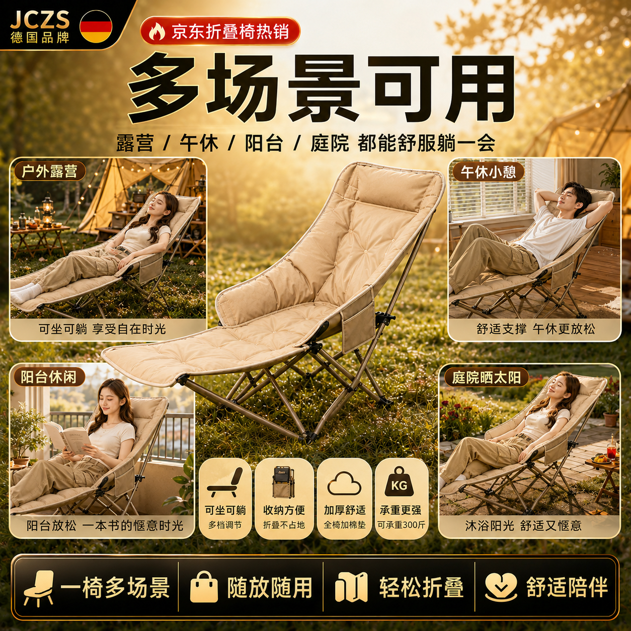 JCZS德国户外可调节折叠椅办公室露营午休可坐可躺椅午休带腿拖月 磨砂黑高靠背月亮椅【不可调节】