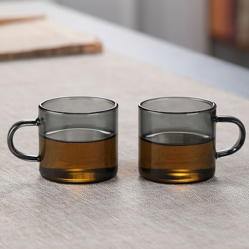 【精选直发】轻奢直身品杯髙硼硅玻璃耐高温加厚玻璃杯带把手茶杯 六只100ml透黑品杯