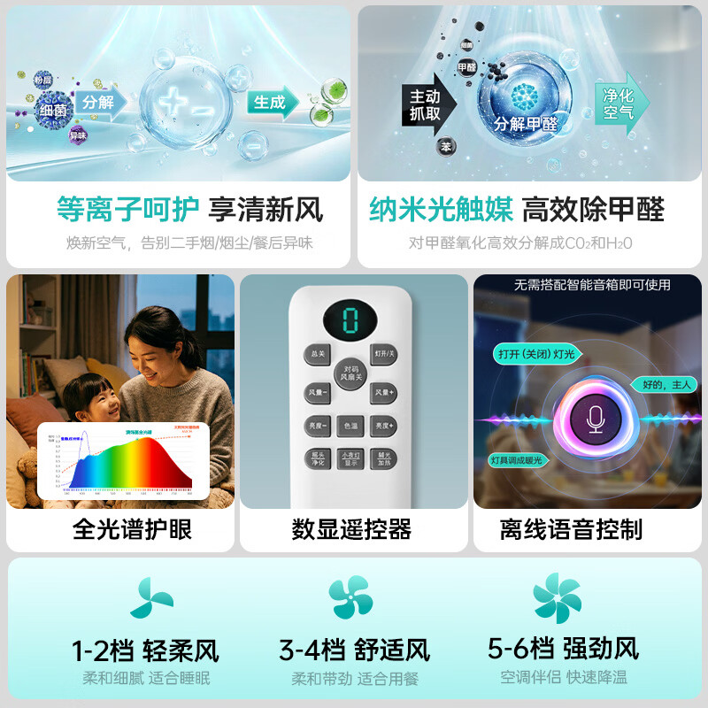 澳饰嘉2026新款风扇灯客厅吸顶灯一体隐形无叶风扇灯全屋套餐中山灯具 风扇灯标准款-长110cm离线声控/包安装