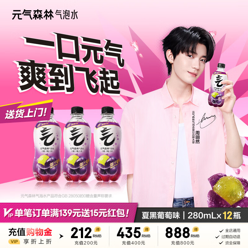 元气森林气泡水 0糖0脂0卡 无糖饮料 小瓶装便携  碳酸饮料 280ml 装 夏黑葡萄味 12瓶