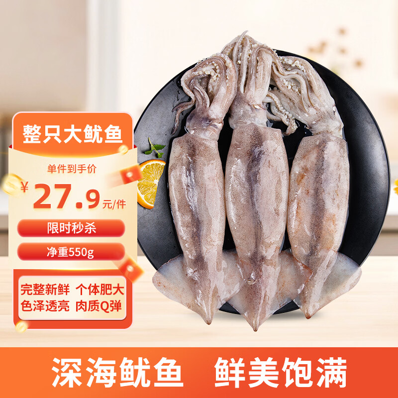 美加佳鲜冻整只大鱿鱼（2-3只） 净重550g 整条鱿鱼 深海捕捞端午聚餐