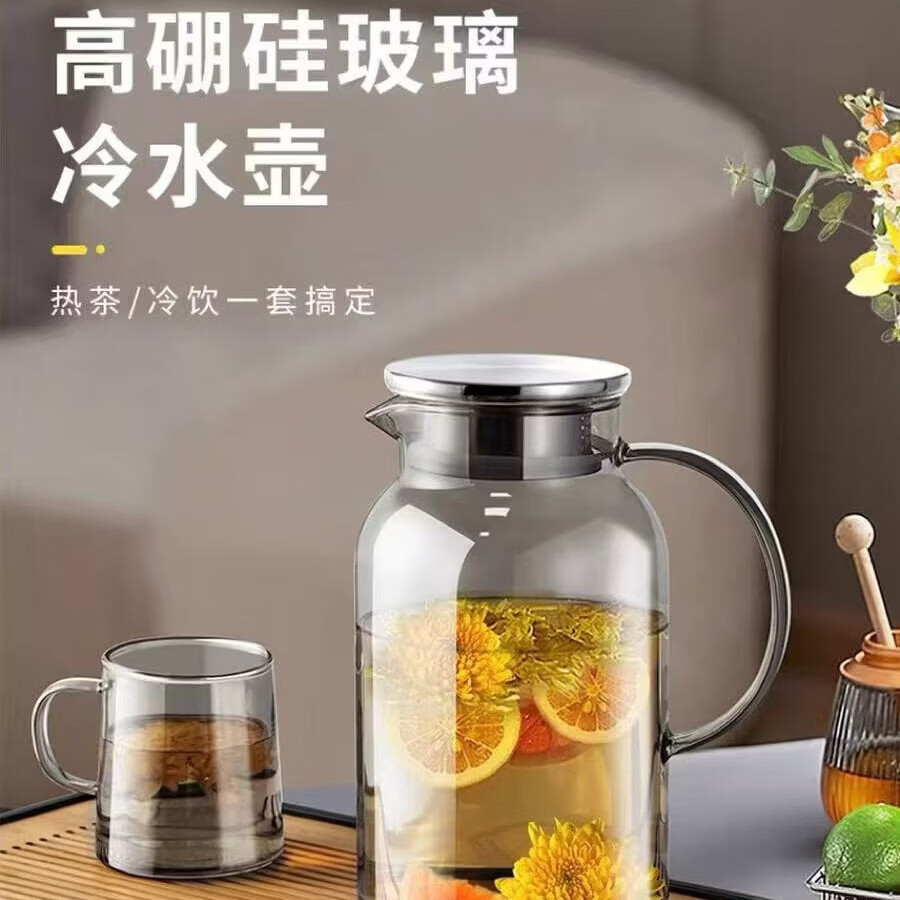复古凉白开水杯扎壶家用冷水壶玻璃凉水壶瓶大容量耐高温泡茶茶壶 透明凉水壶1.8L