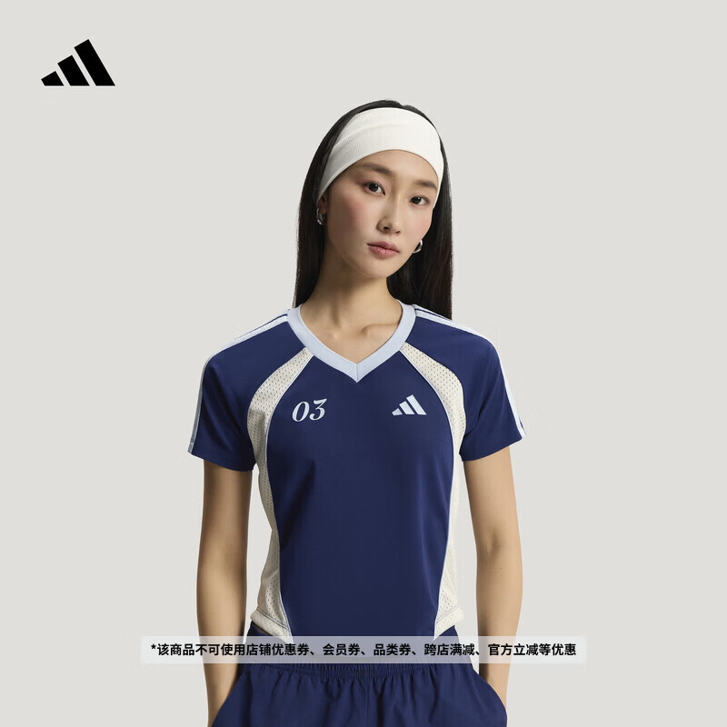 adidas球衣风休闲V领短袖T恤上衣女装春夏新款阿迪达斯官方轻运动   深蓝   M