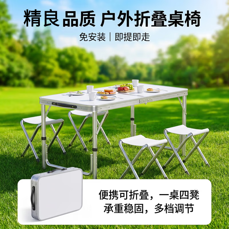 朵貌户外折叠桌摆摊地摊可折叠写字桌子便携地推简易铝合金露 【加厚圆管】120蓝色+2布凳