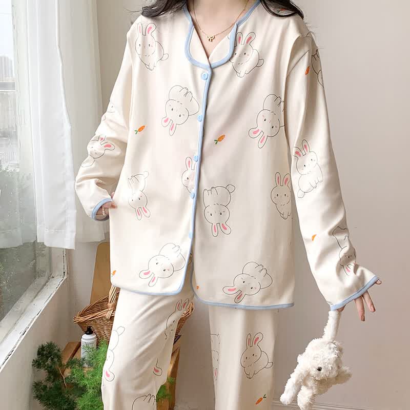 ROVO月子服孕妇睡衣套装可外穿产后哺乳衣夏季新款 浅蓝小兔 XL