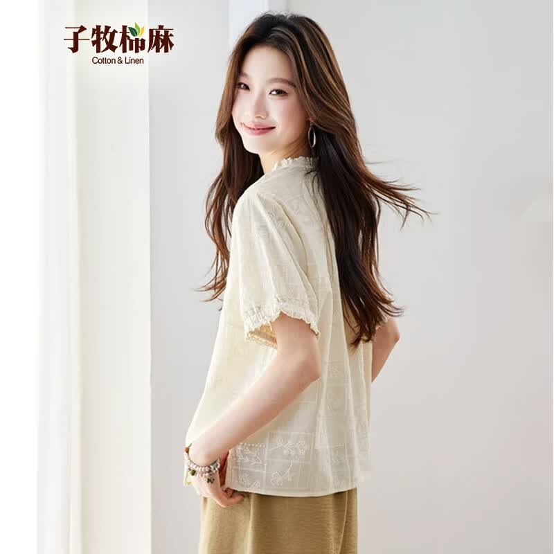 子牧棉麻2026夏装 女法式小众设计感显瘦百搭刺绣短袖衬衫上衣2668 杏色 L (建议115-125斤)