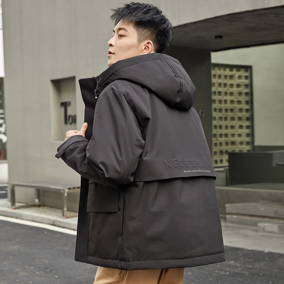 千仞岗秋冬季工装夹克羽绒服男士休闲运动连帽上衣简约防寒服保暖外套 魔力黑 XL (175)