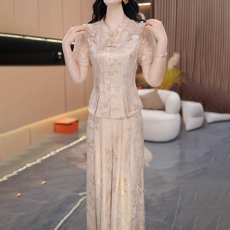 香影纯高档新中式短袖两件套女2026夏季新款流行妈妈通勤显瘦阔腿裤套装 图片色 3XL (建议140-150斤)