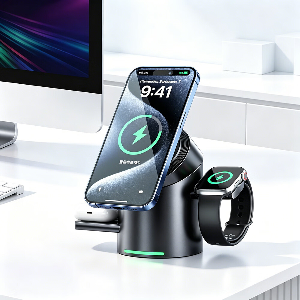 MOYIEAKAN qi2认证无线充电器三合一苹果iPhone 17/16/15/14/13 Pro磁吸手机耳机Apple Watch手表快充支架座 苍穹灰+30W快充头套装【qi2认证｜三合一】