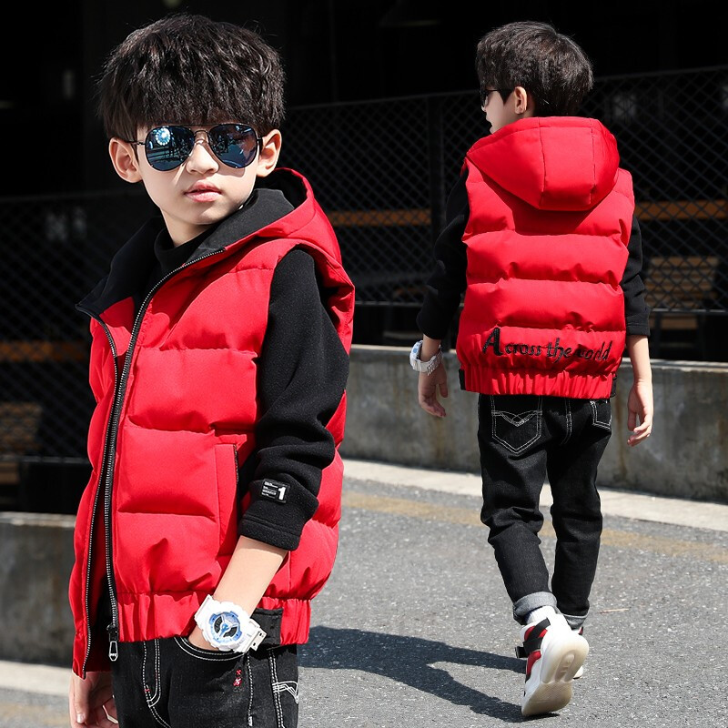 洋气儿童马甲男孩中大童羽绒棉马夹连 红色 120码  建议120厘米左右