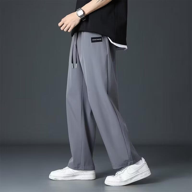 布卡澜琦男士薄款休闲长裤夏季潮流韩版百搭时尚男裤宽松直筒冰丝运动长裤 K97黑色 XL (建议110-125斤)