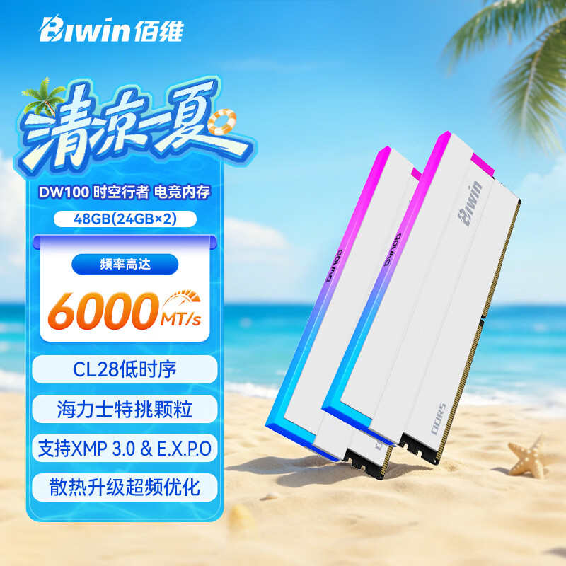 佰维（BIWIN）48G(24G×2)套装 DDR5 6000频率台式机内存条 时空行者DW100 RGB灯条(C28)白色AI PC电脑存储配件