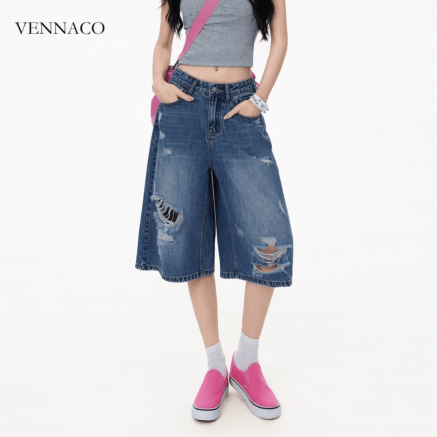 维纳珂(VENNACO)夏季新款美式复古破洞阔腿牛仔裤宽松显瘦七分直筒裤 复古蓝 XL 122-132斤