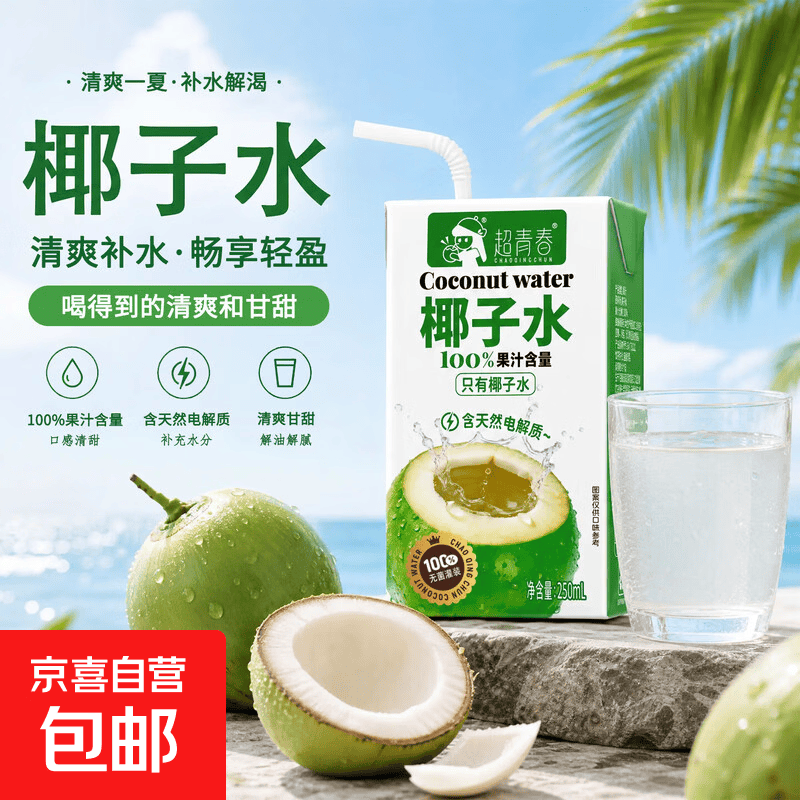 超青春椰子水果汁果味饮料 电解质水 家庭便携 整箱饮料 椰子水250ml*10盒x1箱