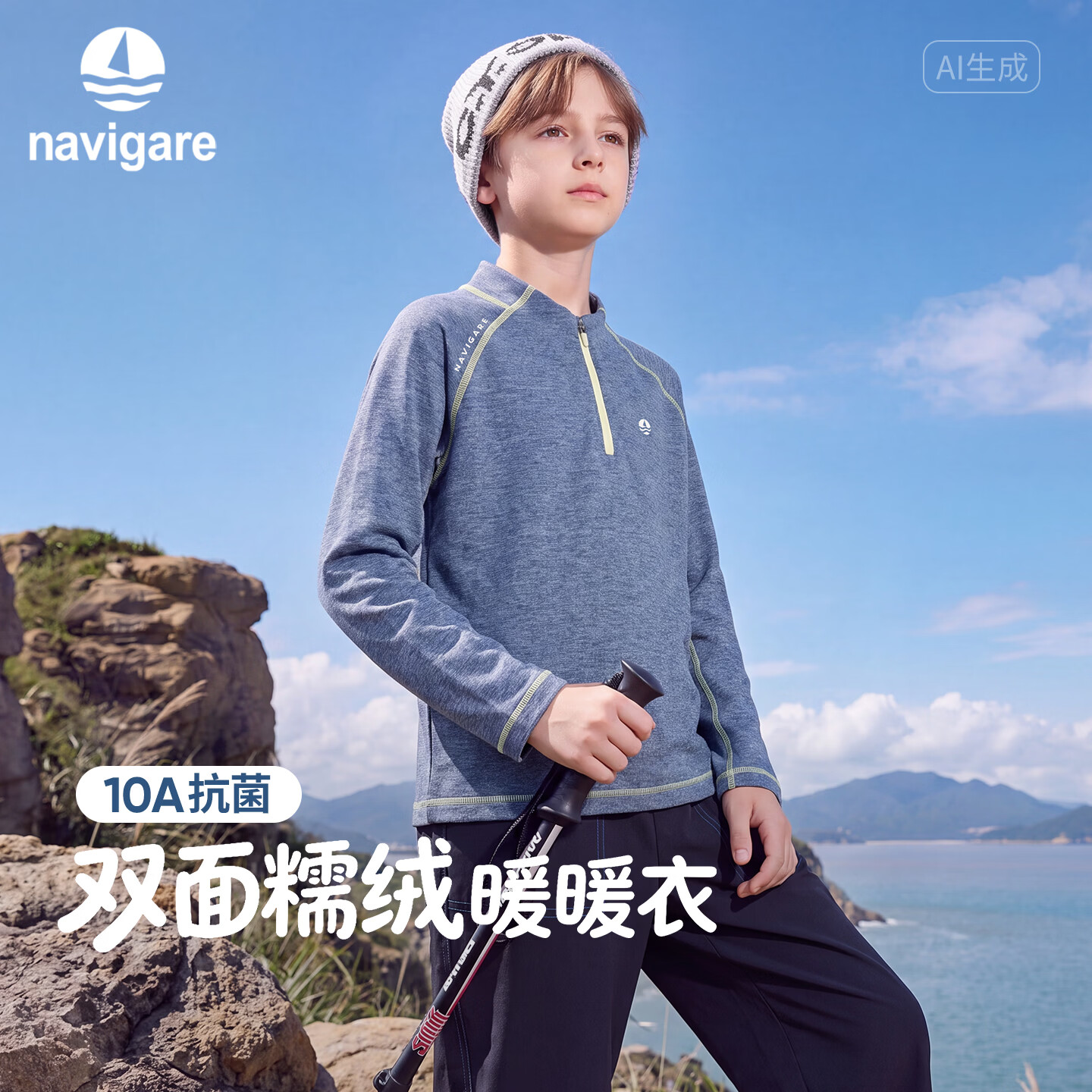 NAVIGARE【糯绒暖暖衣】意大利小帆船儿童长袖T恤男女童运动上衣秋季新款 蓝花灰 170