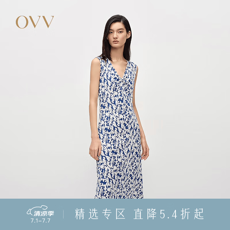OVV2025春夏新款女装清爽印花扭结设计V领两件套连衣裙 深蓝花纹 L