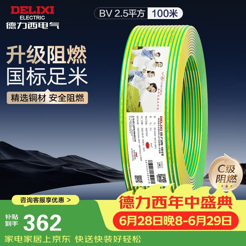 德力西（DELIXI）电线电缆ZC-BV2.5平方阻燃单芯单股家用铜芯电线100米黄绿地线 