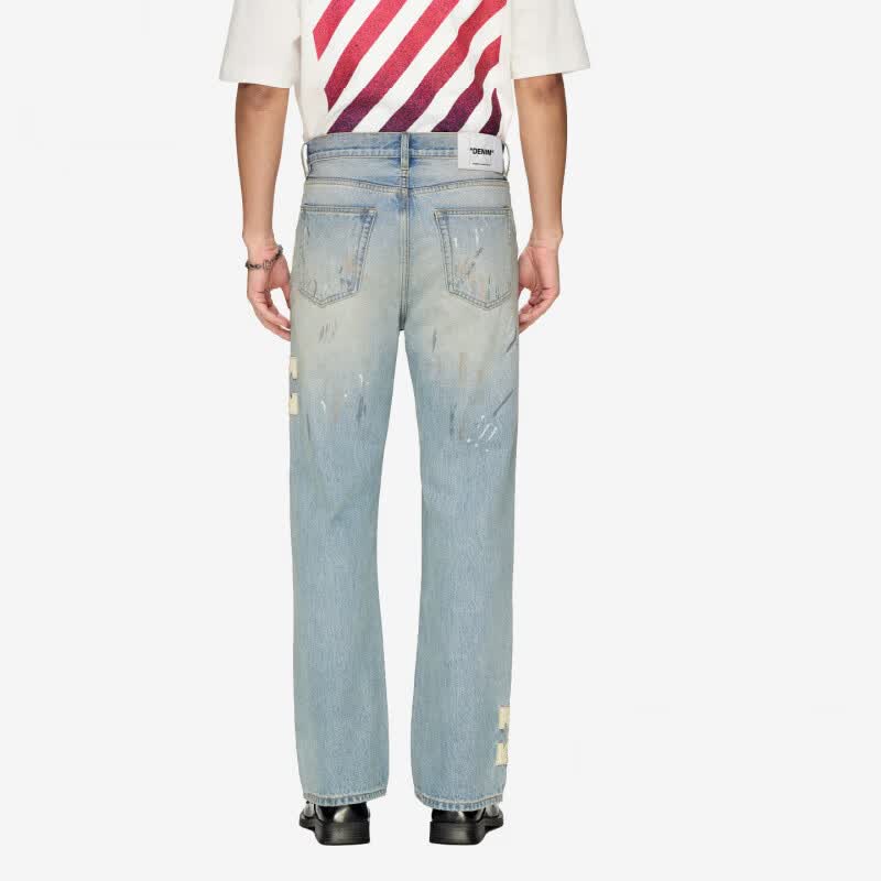 OFF-WHITE™夏季泼墨箭头刺绣轻奢潮牌牛仔裤男百搭高端复古做旧直筒长裤女 浅蓝色 3XL