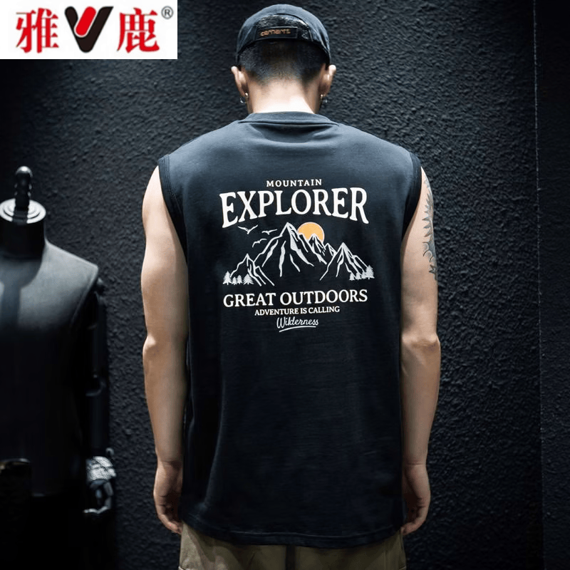 雅鹿夏季无袖t恤背心男宽松潮牌ins大码坎肩半袖美式运动12 M 均码 黑色【EXPORER】