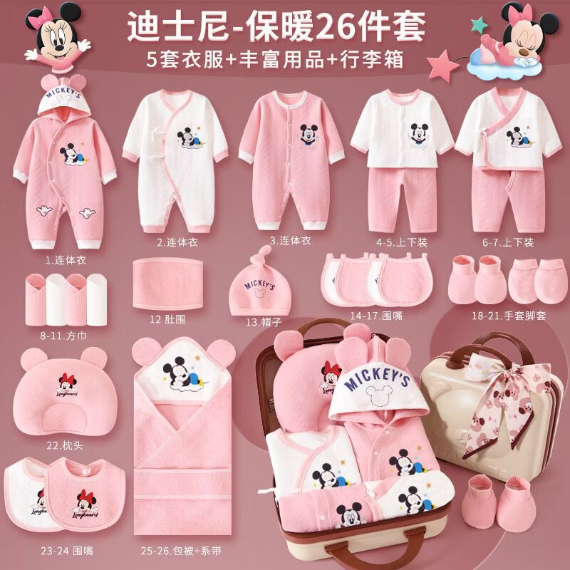 迪士尼(Disney)新生儿礼盒套装高档春夏宝宝婴儿衣服用品满月见面礼物大全 【密码手提箱】眠梦米妮保暖26件粉 均码 66码(适合3-6个月宝宝) 京东折扣/优惠券