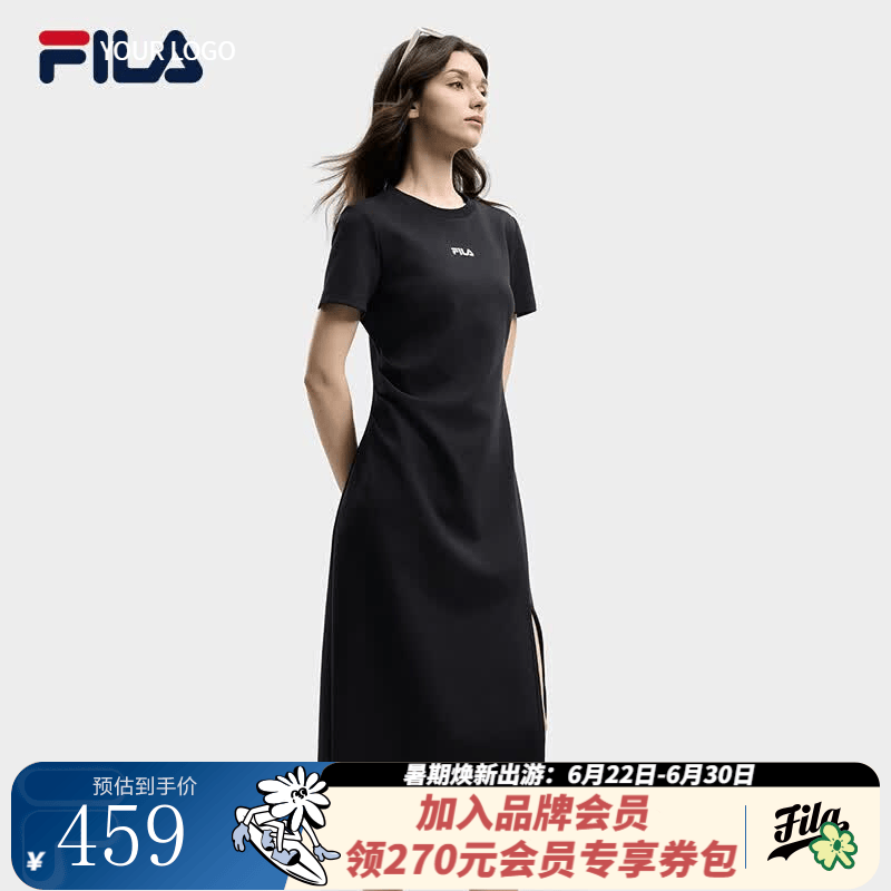 FILA斐乐官方女子针织连衣裙2026夏季新款休闲防晒干爽修身长裙子 正黑色-BK XL 175/92A/XL