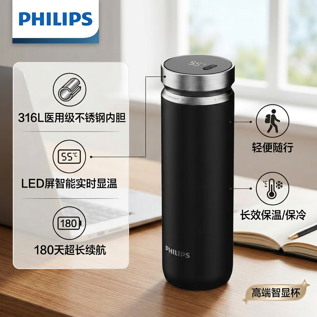 飞利浦(PHILIPS)智能显温保温杯长效保温316不锈钢大容量水杯强效礼品 黑色