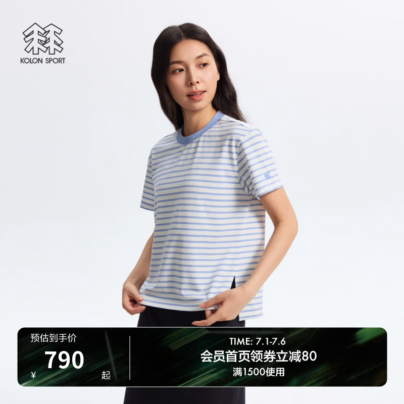 KOLON SPORT/可隆户外休闲衣 女士条纹圆领短袖T恤通勤上衣 LKRT6MT858-LB 浅蓝色 M 165/88A