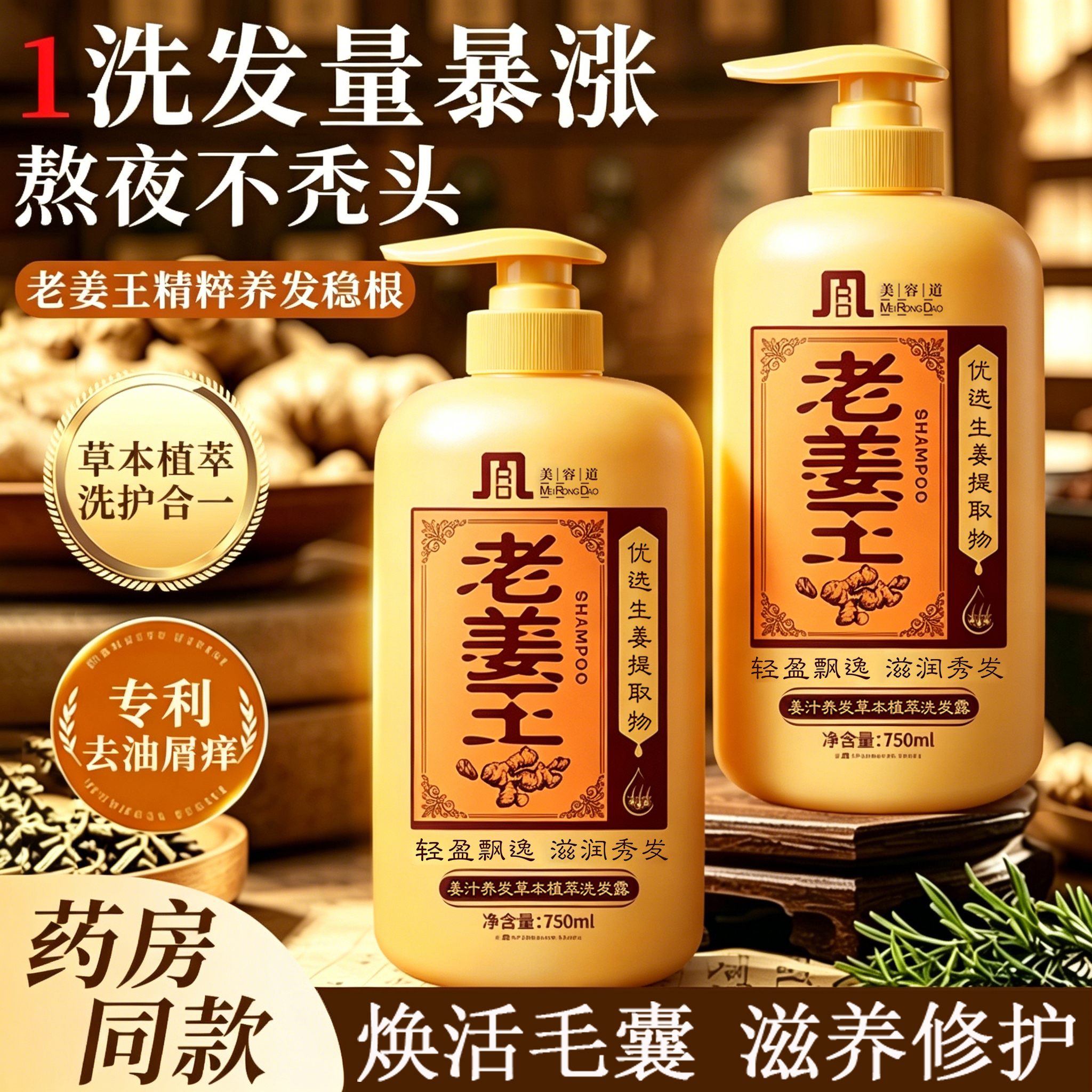 美容道老生姜养发植萃洗发水去屑止痒控油持久蓬松侧柏叶洗发露头膏男女