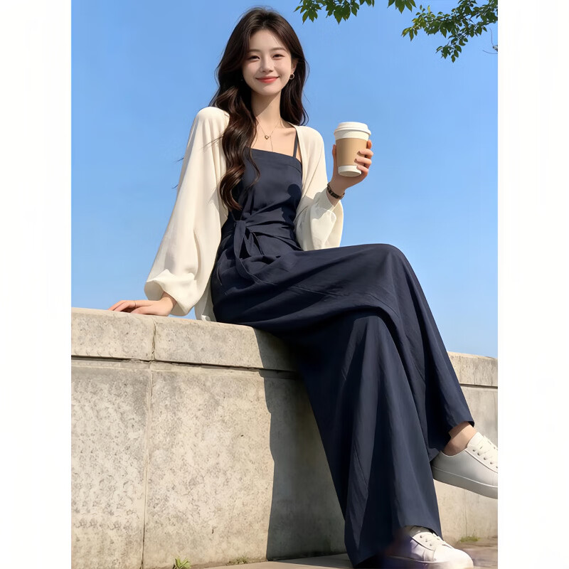 韩璐娇(hanlujiao)温柔气质休闲阔腿裤套装女夏季吊带背心针织衫衣服女装裤子三件套 杏色外披+吊带+阔腿裤【三件套】 XL (建议125斤-135斤)