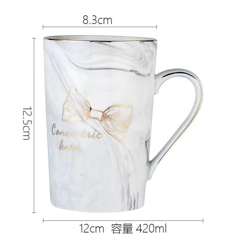欧式大理石纹陶瓷杯创意马克杯婚庆礼品情侣咖啡杯子套装印制LOGO 安士杯同心结灰色单杯 301400ml