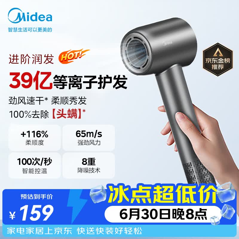 美的（Midea）高速护发吹风机 39亿等离子护发电吹风 大功率速干 家用负离子吹风筒FG208灰 节日礼物
