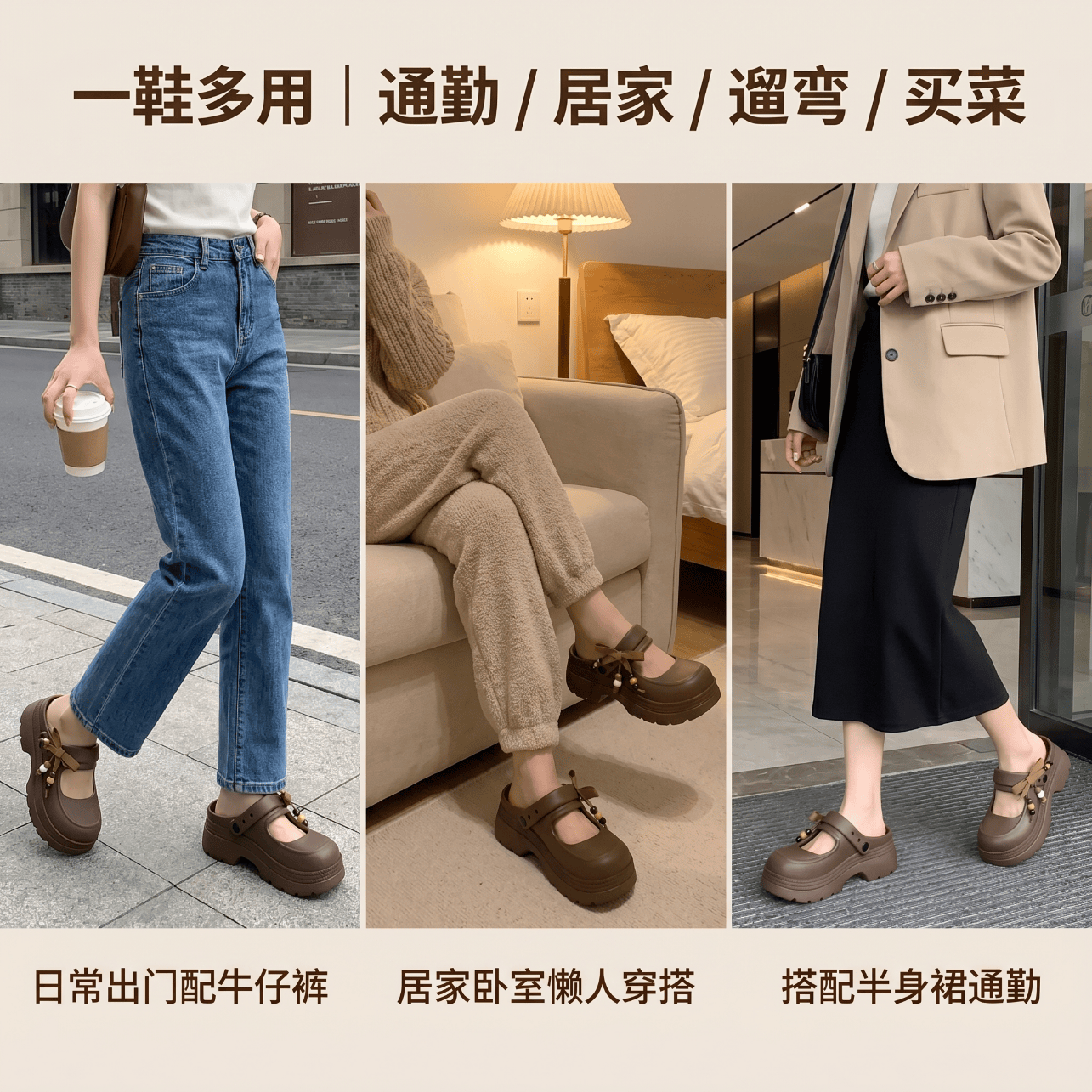 拉夏贝尔(La Chapelle)厚底玛丽珍洞洞鞋女款夏季新款外穿防滑包头鞋增高凉拖鞋 白色 39-40