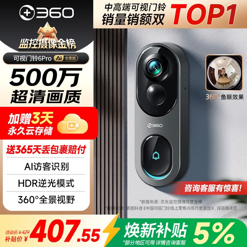 360可视门铃6Pro 500万超清画质家用监控智能门铃电子猫眼摄像头超清夜视远程通话包裹快递看护