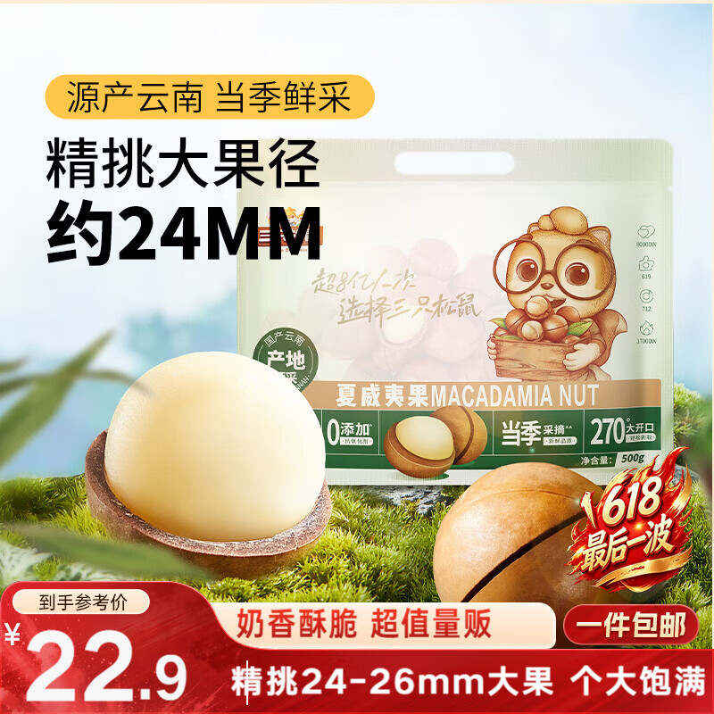 三只松鼠夏威夷果500g约24-26mm儿童每日坚果炒货休闲零食团购送礼