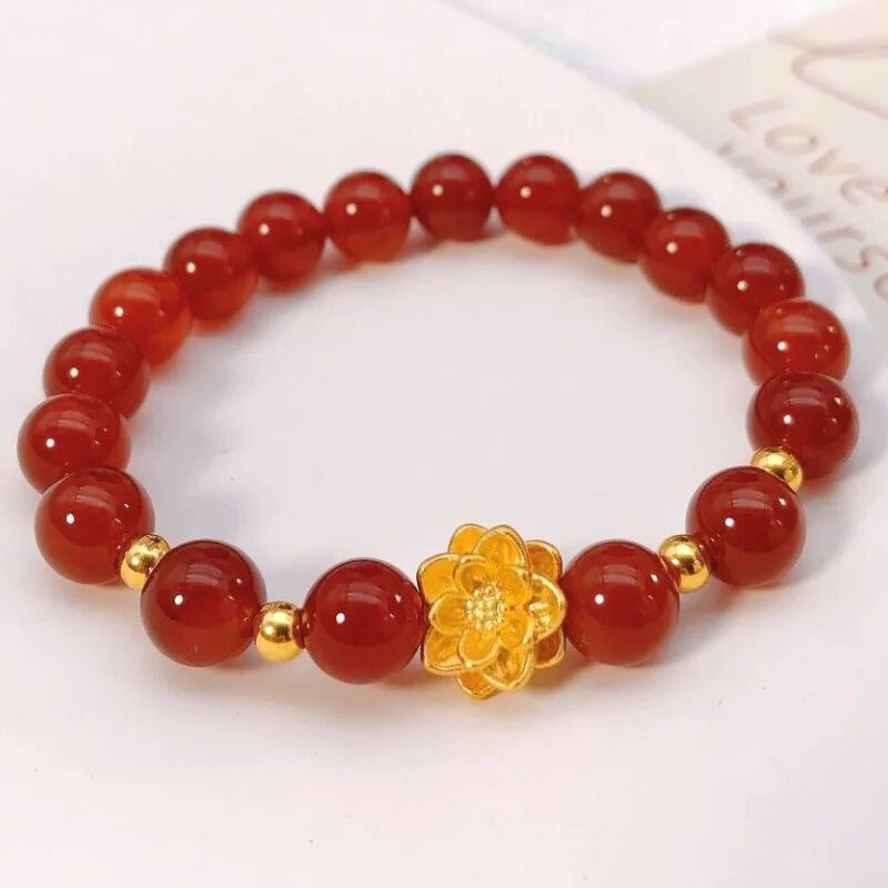 易升黄金莲花手链女999足金转运珠红玛瑙手串简约首饰品高档实用中秋