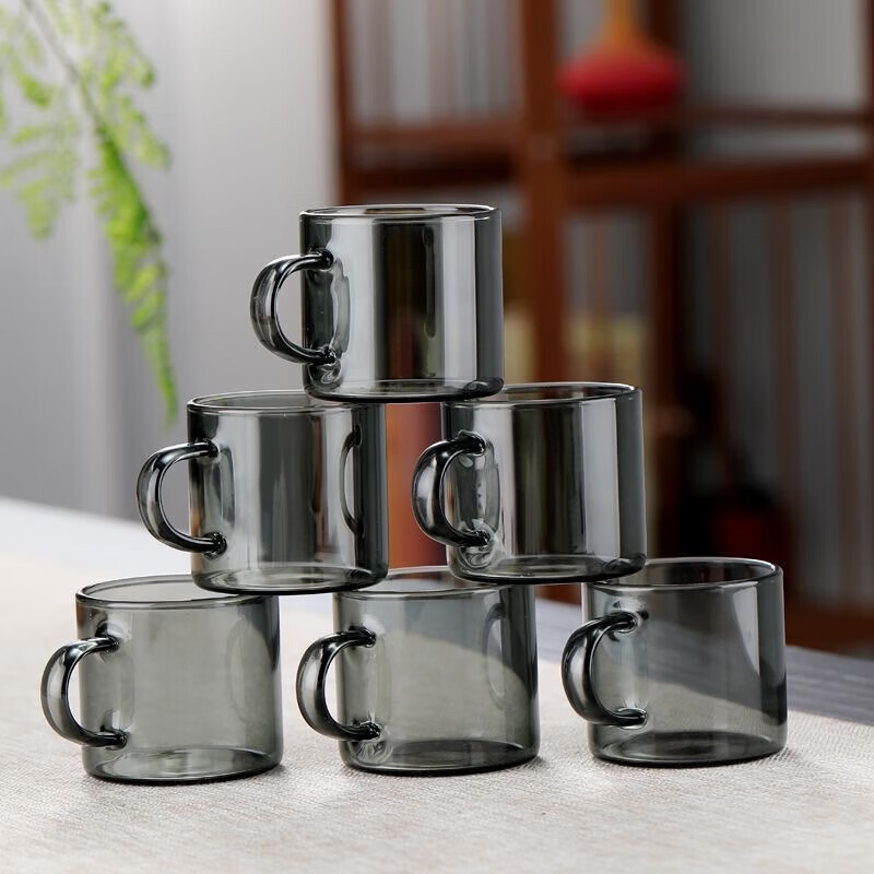 【精选直发】轻奢直身品杯髙硼硅玻璃耐高温加厚玻璃杯带把手茶杯 六只100ml透黑品杯