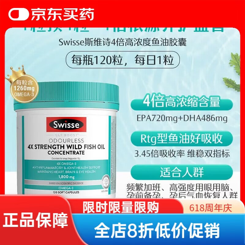 Swisse斯维诗澳洲深海鱼油软胶囊omega3DHA中老年成人1800mg 【4倍高浓度】鱼油1800mg 120粒*3瓶