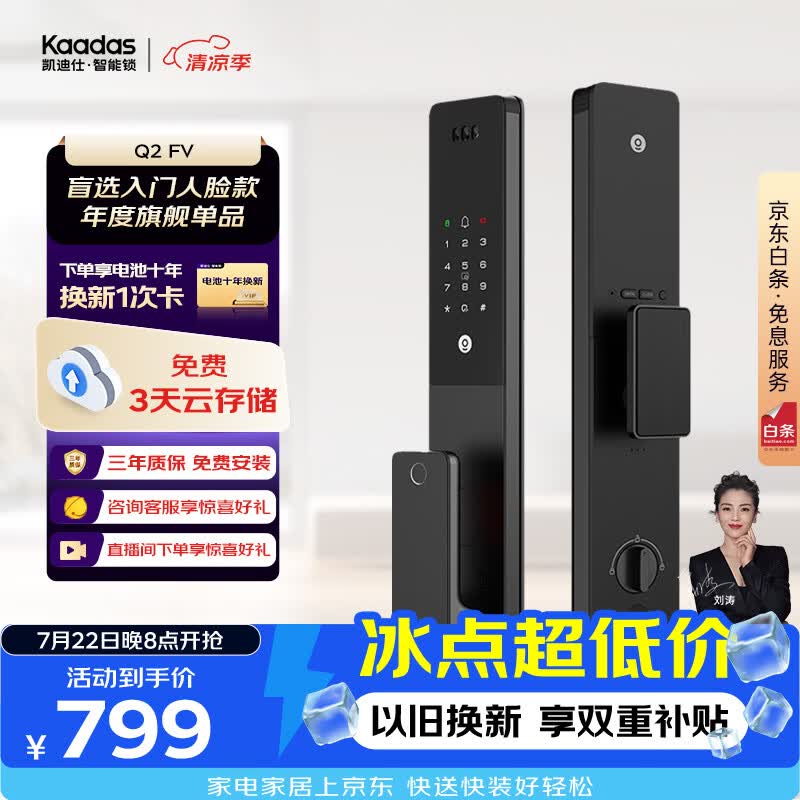 凯迪仕（KAADAS）智能门锁 人脸识别猫眼监控摄像指纹锁密码智能锁 Q2 FV