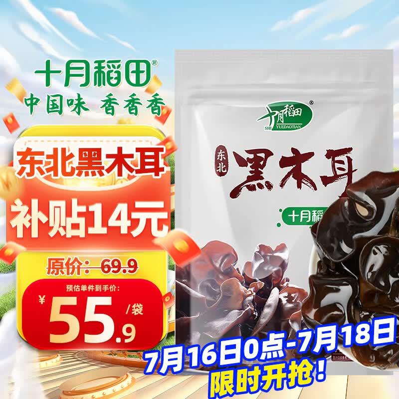 十月稻田 东北黑木耳 500g 菌菇  黑龙江东宁特产 肉厚无根 火锅煲汤炒菜