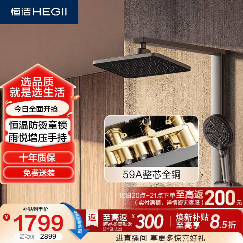 恒洁（HEGII）淋浴花洒D50 Max全铜恒温数显淋浴花洒全套DMF967-234S-SH