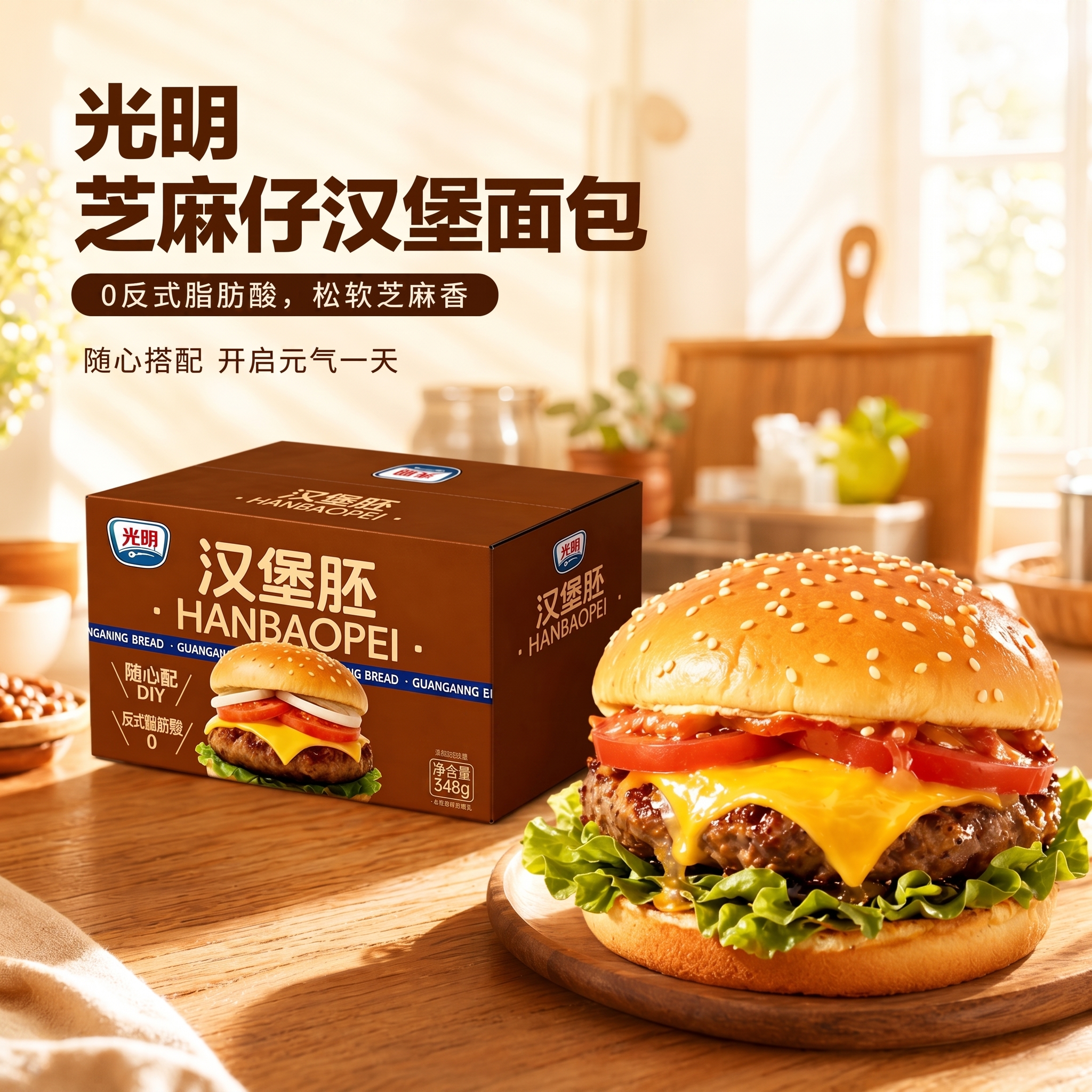 光明芝麻仔汉堡胚面包 348g*袋 早餐吐司夹心面包办公室休闲下午茶