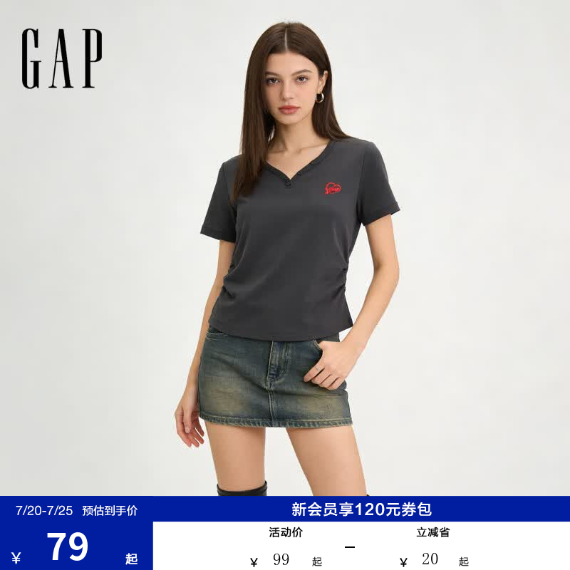 盖璞Gap女装2026春季新款纯棉logo刺绣V领爱心捏褶短袖上衣858936 碳灰色 S (160/84A)亚洲尺码