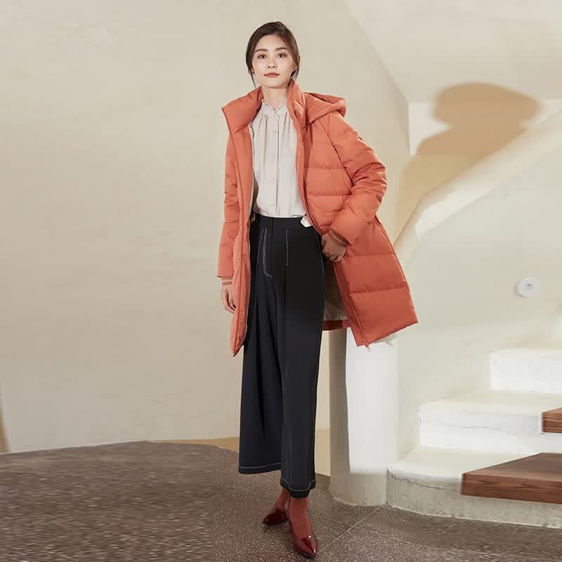 千仞岗(CHERICOM)90绒子鸭绒中长款羽绒服女简约时尚保暖舒适百搭休闲外套 枫叶橙 XS (155)