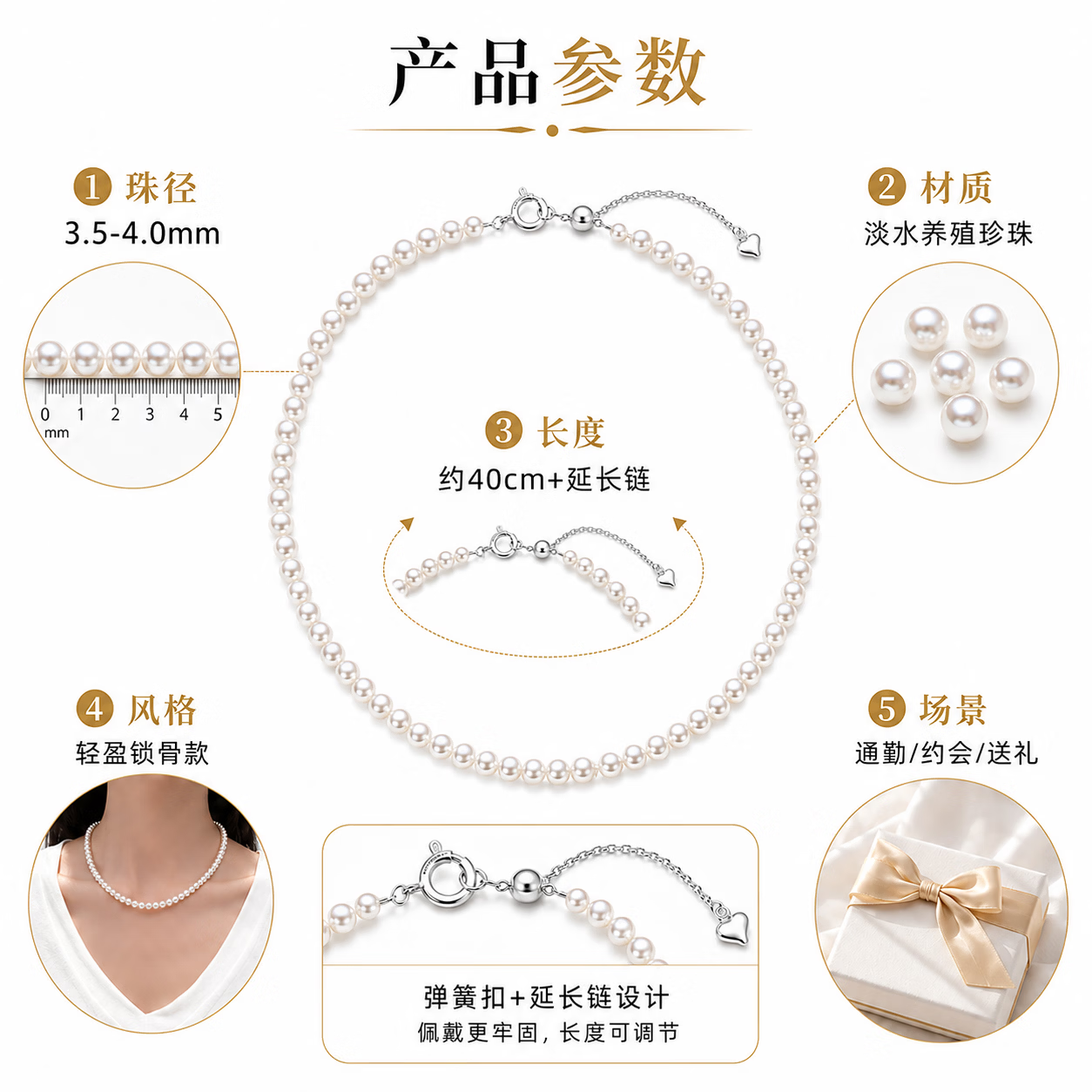 七夕礼物小米珠极光正圆淡水珍珠项链S925银锁骨链送女友生日礼物 3.5-4mm极光