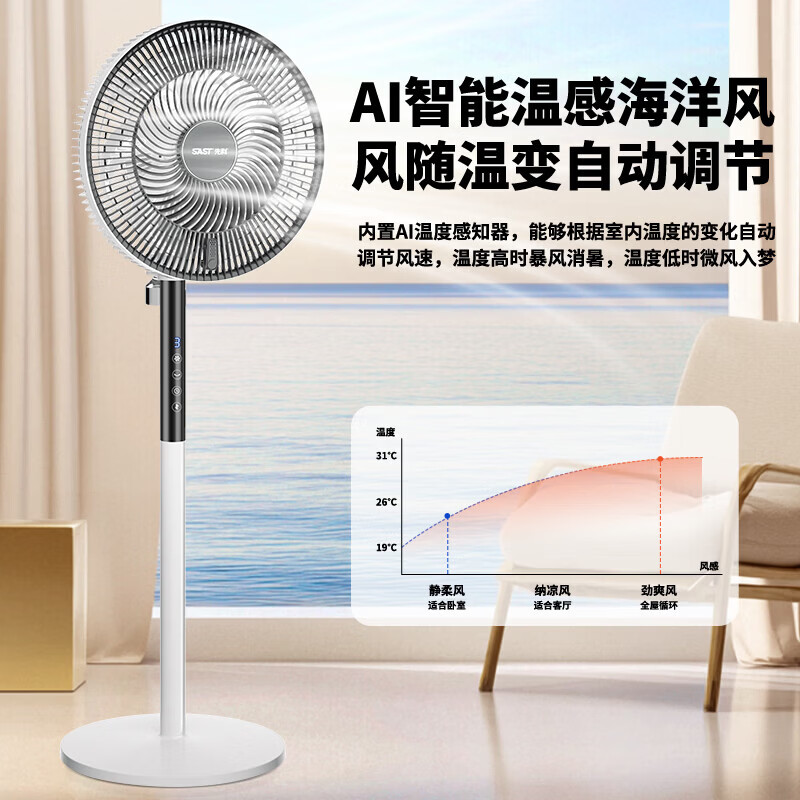先科电风扇落地扇立式风扇平面扇家用轻音节能电扇办公室宿舍循环柔风 【直流变频语音遥控款】9档风速+一级能效