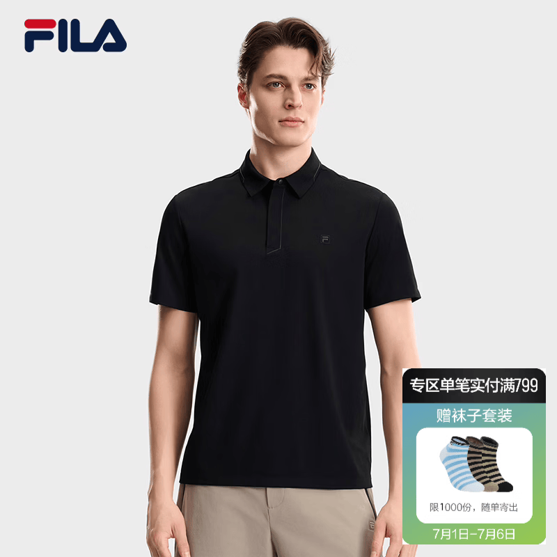 FILA 斐乐官方男子针织短袖POLO衫2026秋季新款商务休闲舒适上衣 深黑-BK L 175/96A/L