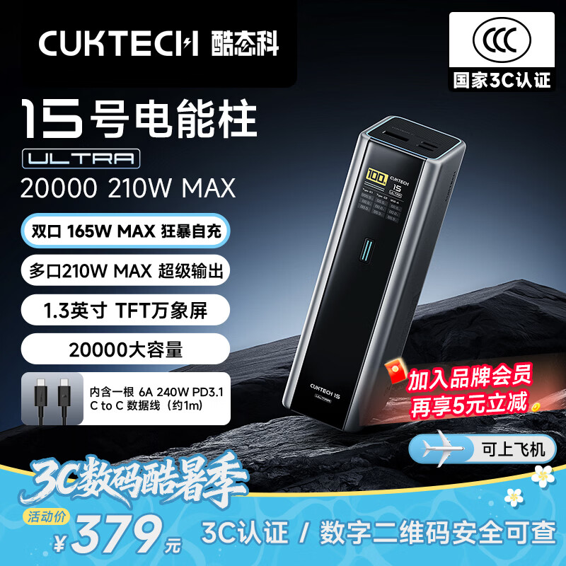 CUKTECH酷态科【3C认证可上飞机】15号超级电能柱Ultra电芯20000毫安时充电宝多口210W快充适用笔记本
