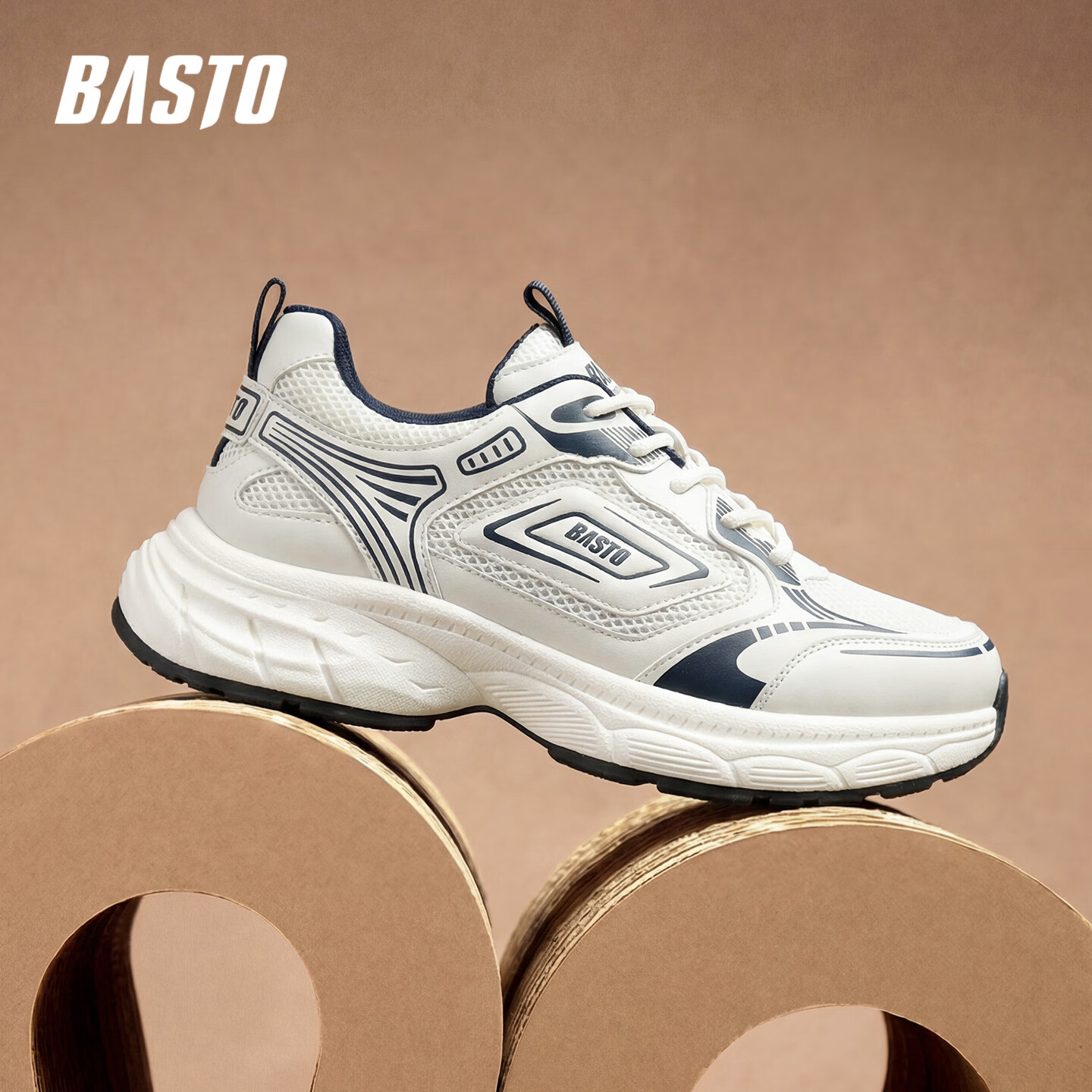 百思图（BASTO）厚底增高老爹鞋男2026新款夏季网面透气男士运动鞋防滑耐磨面包鞋 白色 39 【运动鞋码】