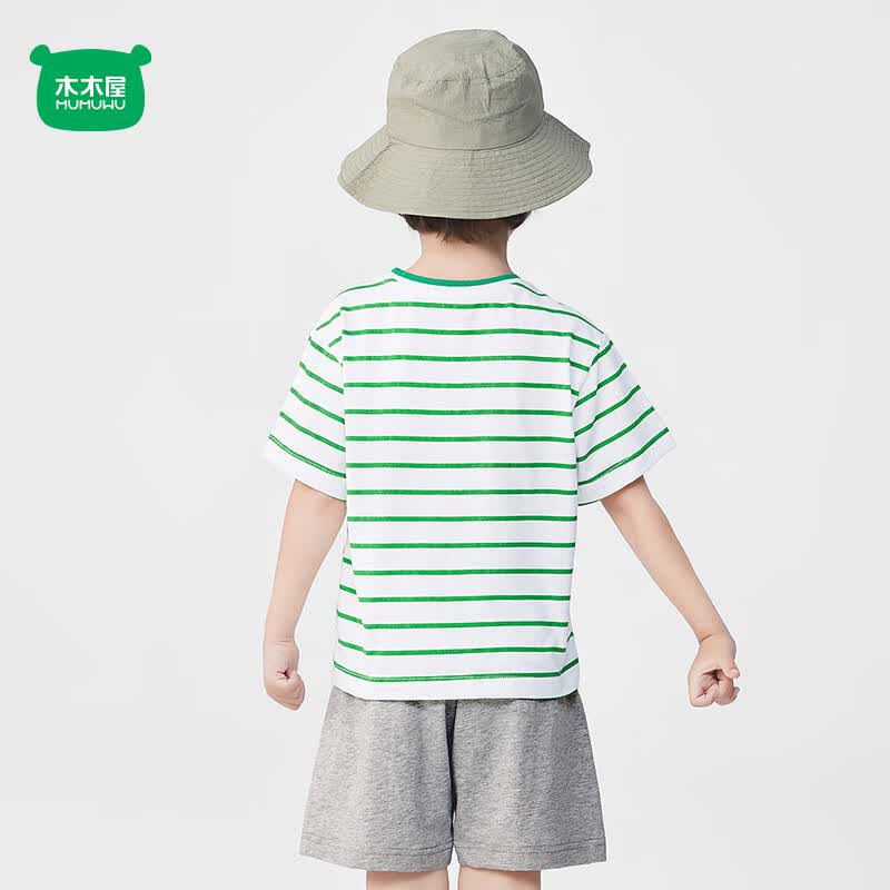 木木屋（mumuwu）男童女童夏季纯棉短袖套装儿童休闲运动两件套运动装吸汗透气套装 白/绿条纹熊猫 90